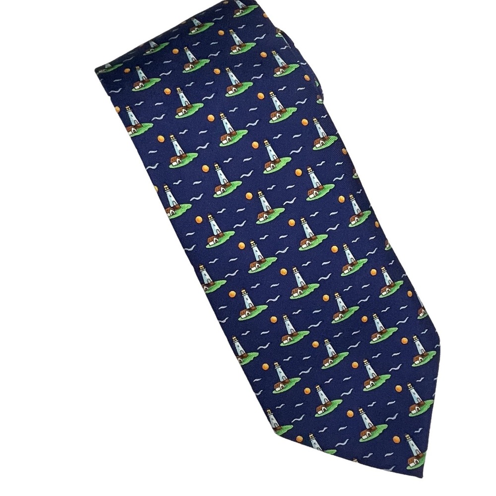 J.Crew Silk Lighthouse Necktie Mens Navy Blue Nautical Coastal Preppy